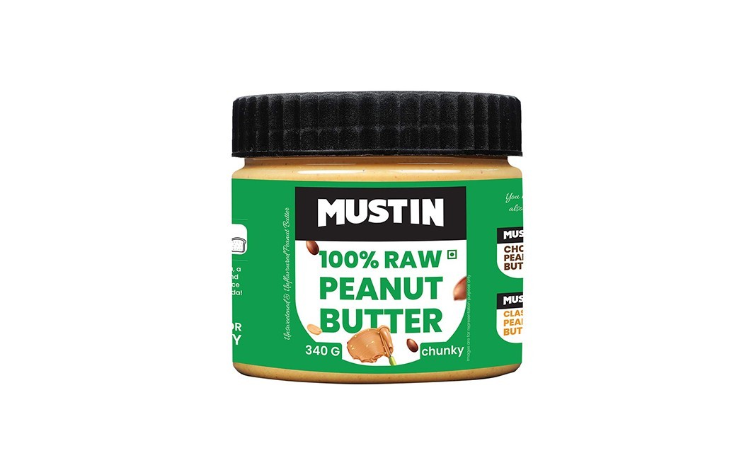 Mustin 100% Raw Peanut Butter Chunky   Plastic Jar  340 grams
